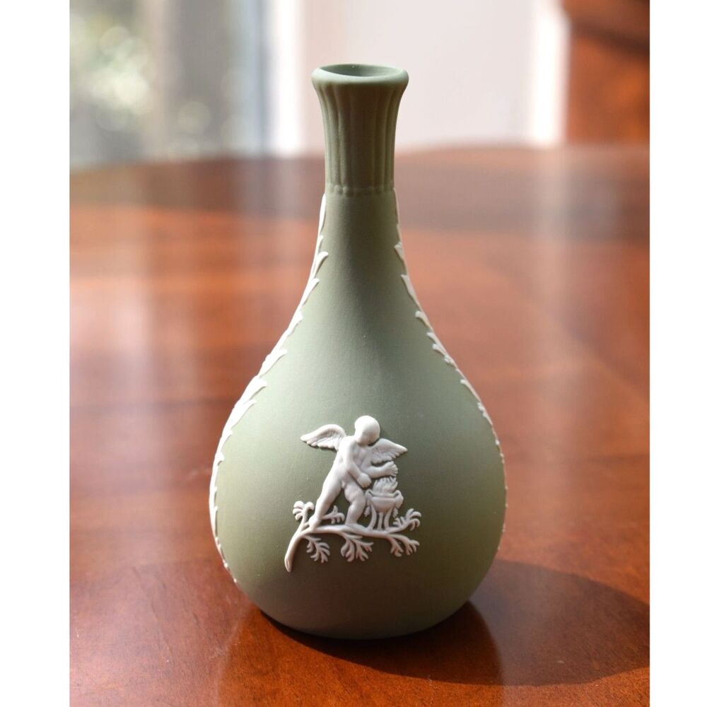 Wedgwood Sage Green Jasperware Bud Vase Cupid Relief Pear Bottle England - 5"
